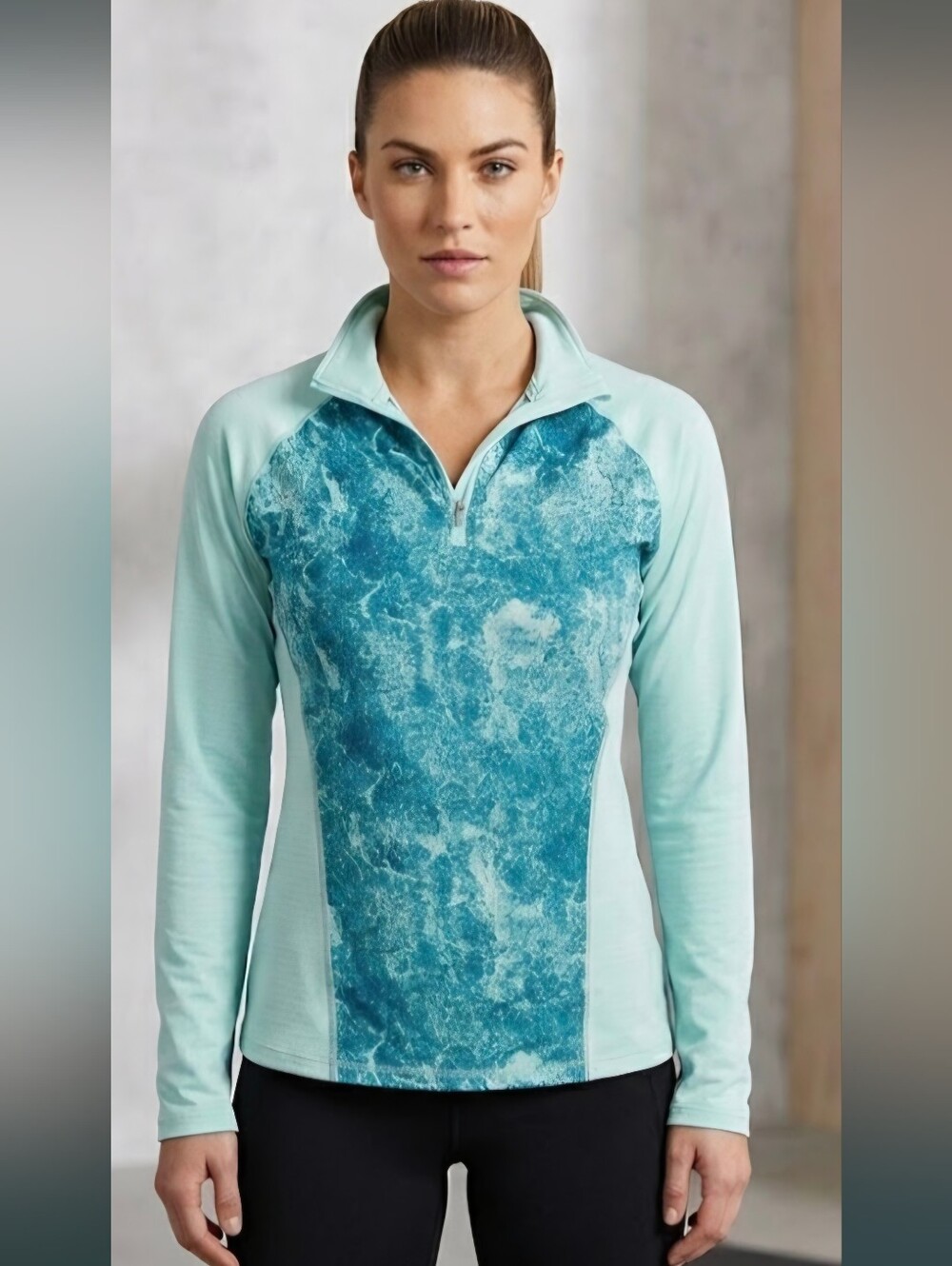 Champion Aqua Blue Abstract Print Quarter-Zip Active Pullover Top Size Large